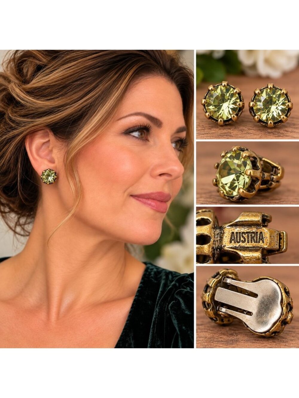 Vintage Austria Austrian Green Crystal Clip On Earrings Gold Tone Prong Set